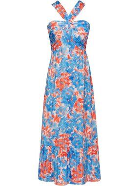 Women's Maxi Dress Blue Water Colour Halter Neck Sleeveless A LINE Summer Comfor